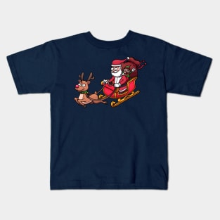 Cartoon Santa Claus And Elf Riding Sleigh With Reindeer Kids T-Shirt